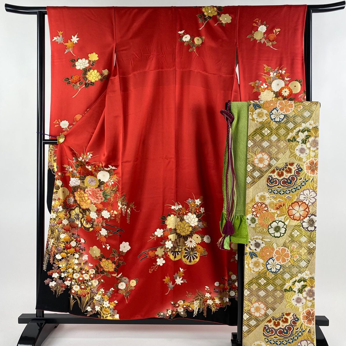 振袖 身丈157cm 裄丈62.5cm S 袷 袋帯フルセット 花車 枝花 金糸 刺繍 赤 正絹 秀品 【中古】 - メルカリ