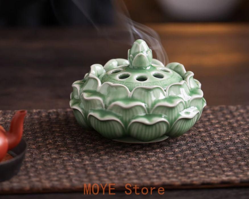陶磁器 蓮華青磁盤香炉 香薫炉 禅意沈香炉 茶道具 香道具 装飾品