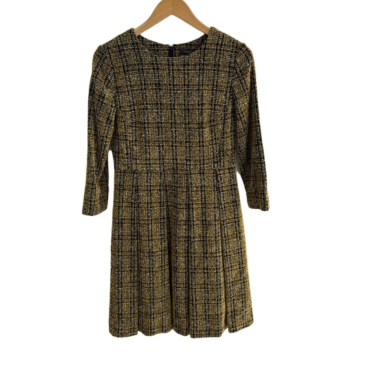 BEAMS ビームス ワンピース サイズ36 S レディース - イエロー×ダークネイビー×白 チェック柄|ツイード|Demi-Luxe|七分丈|ひざ丈