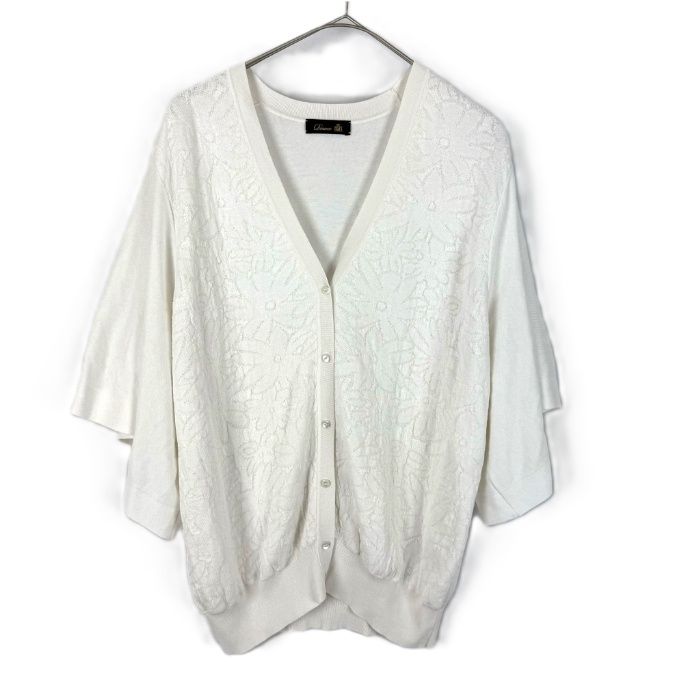 ドゥロワー Drawer 花柄 レース編み カーディガン 七分袖 レディース ホワイト系 Vネック 羽織り ニットカーデ 上品 大人カジュアル