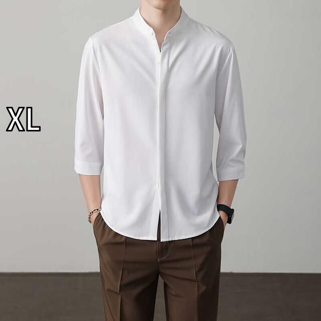 [XL]メンズ ファッション 服 男性用 オシャレ シンプル 大人 かっこいい 大きいサイズ ストリート 紳士服 スリムフィット 白 半袖 シャツ スタンドカラー アイロン不要 カジュアル スリム 袖