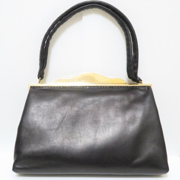 【美品】ハマノ ハンドバッグ サンピエトロ がま口 ビジュー ブラック　レザー 美品】ハマノ ハンドバッグ サンピエトロ がま口 ビジュー