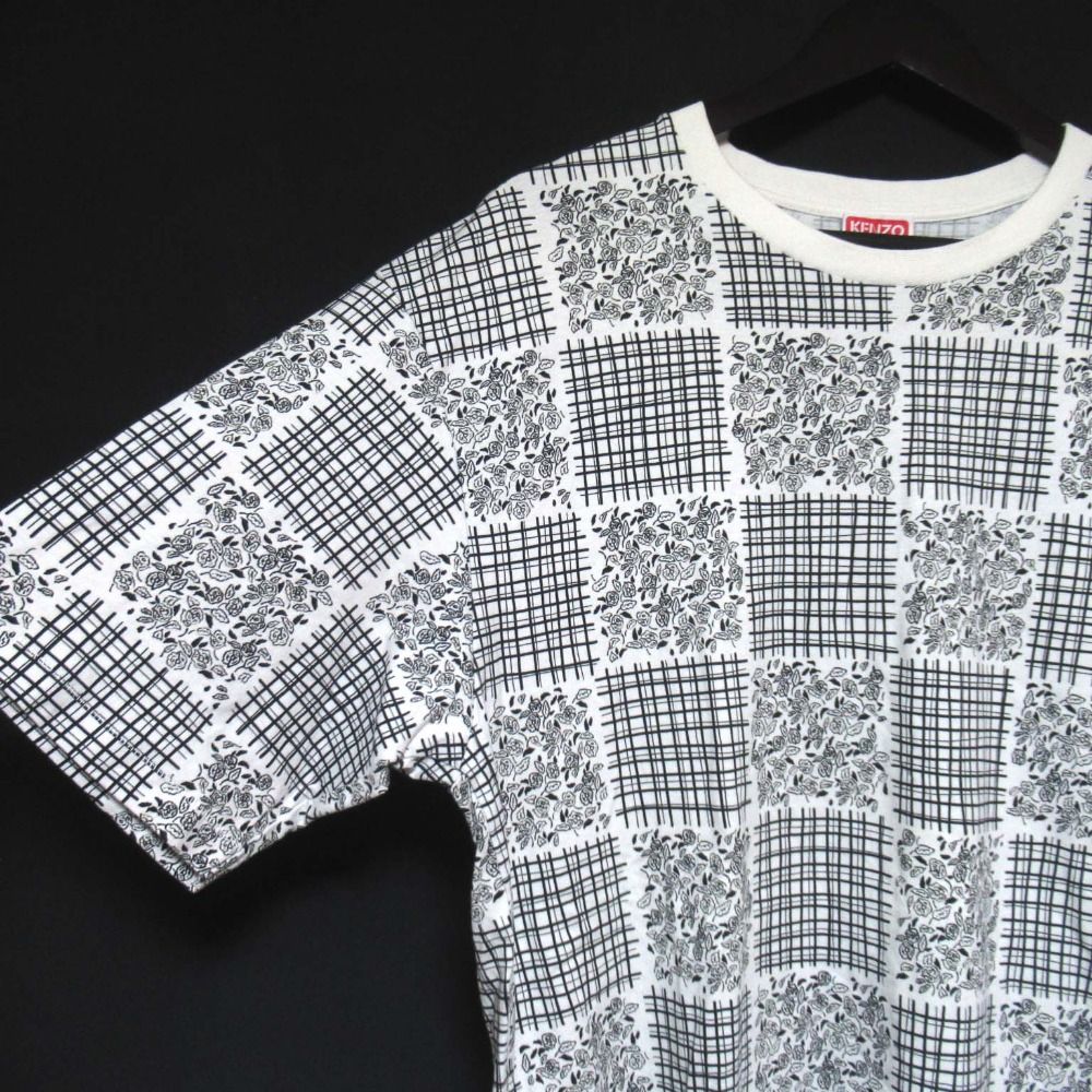 美品 KENZO ケンゾー フラワー柄×チェック柄 プリント 半袖 Tシャツ L