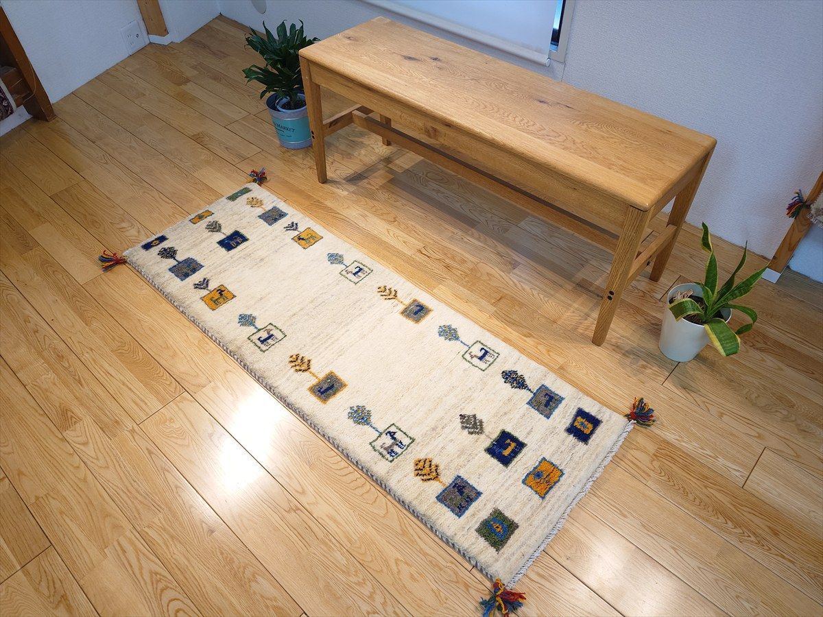 ペルシャ ギャッベ ランナー中 ラグ 143x50㎝ 生命の木 パネル 花 ヤギ 羊 RJ13961