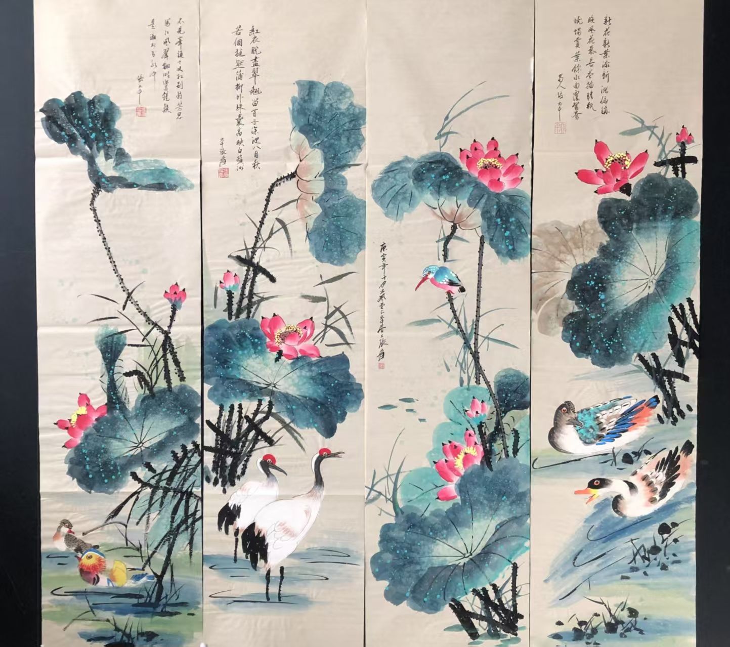 中国古美術.張大千款.花鳥圖.純手描き作品.四條屏.中国名人書画.書道