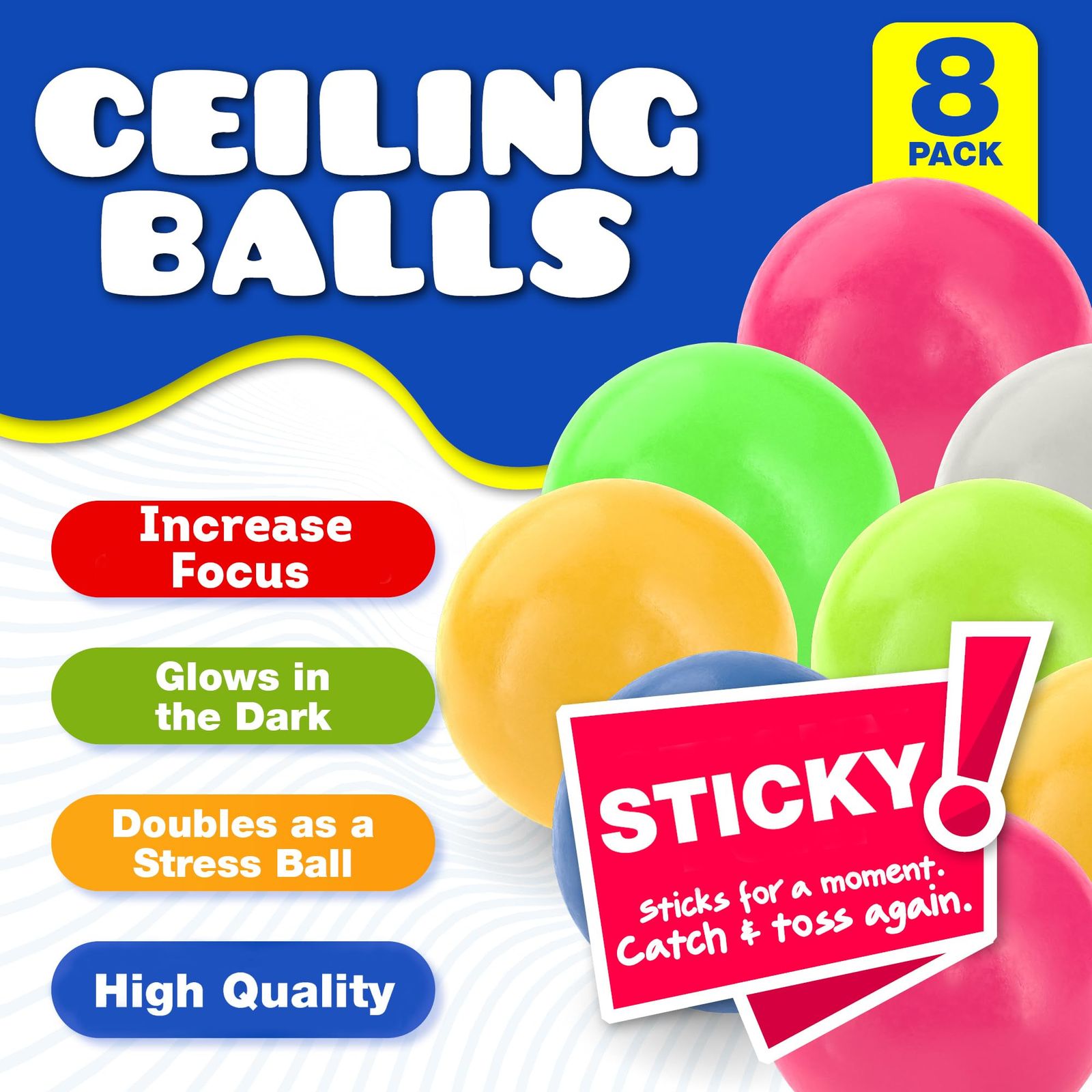 Sticky Stress Ball フィジェット8個パック 暗闇で光るスクイーズボール ストレスおもちゃ 天井と壁にくっつく ストレス解消ギフト  パーティー用品 不安解消アイテム 子供と大人向け [暗闇で光る] - メルカリ