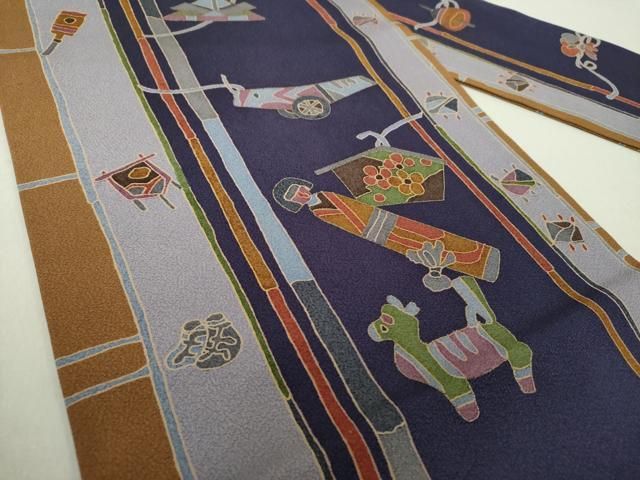 平和屋着物○全通柄九寸名古屋帯 玩具文様 金彩 正絹 逸品 未使用