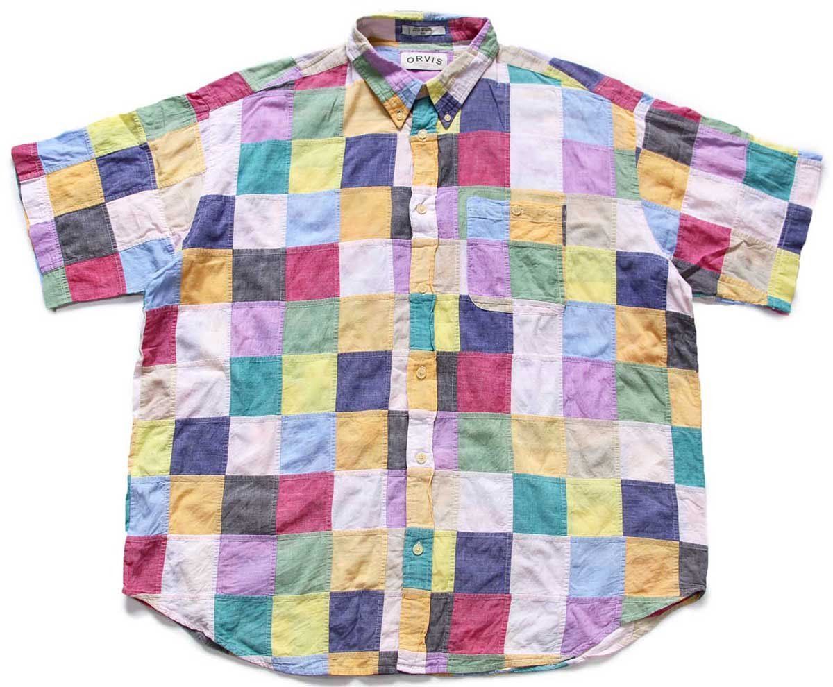 00s ORVISオービス パッチワーク ボタンダウン 半袖 コットンシャツ XXL インド綿 特大 アウトドア ビッグサイズ