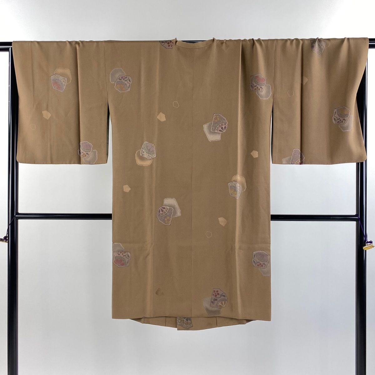 道行 身丈105cm 裄丈69cm L 和装コート 角衿 草花 幾何学模様 灰茶  