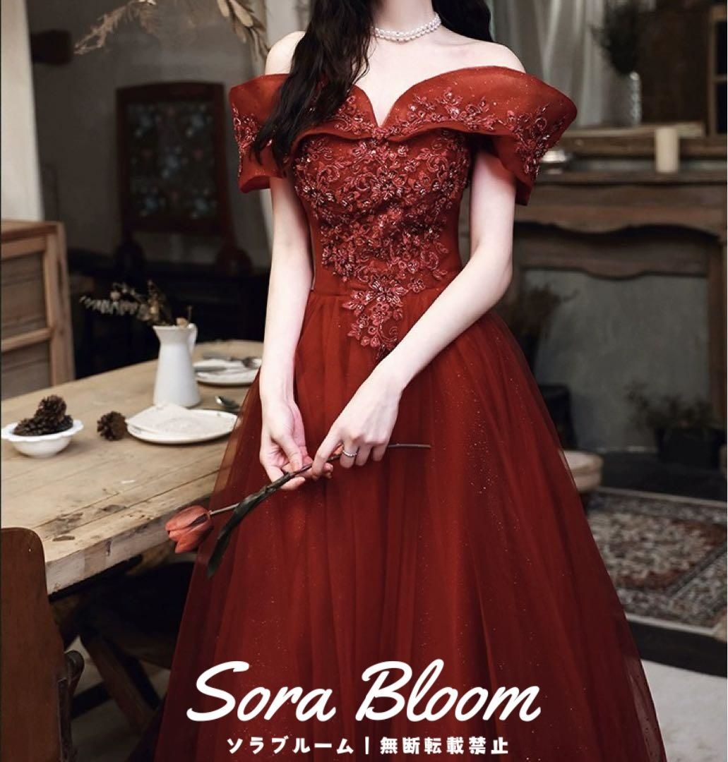 お花のデザインが可愛い オフショル チュールイブニングドレス 【公式