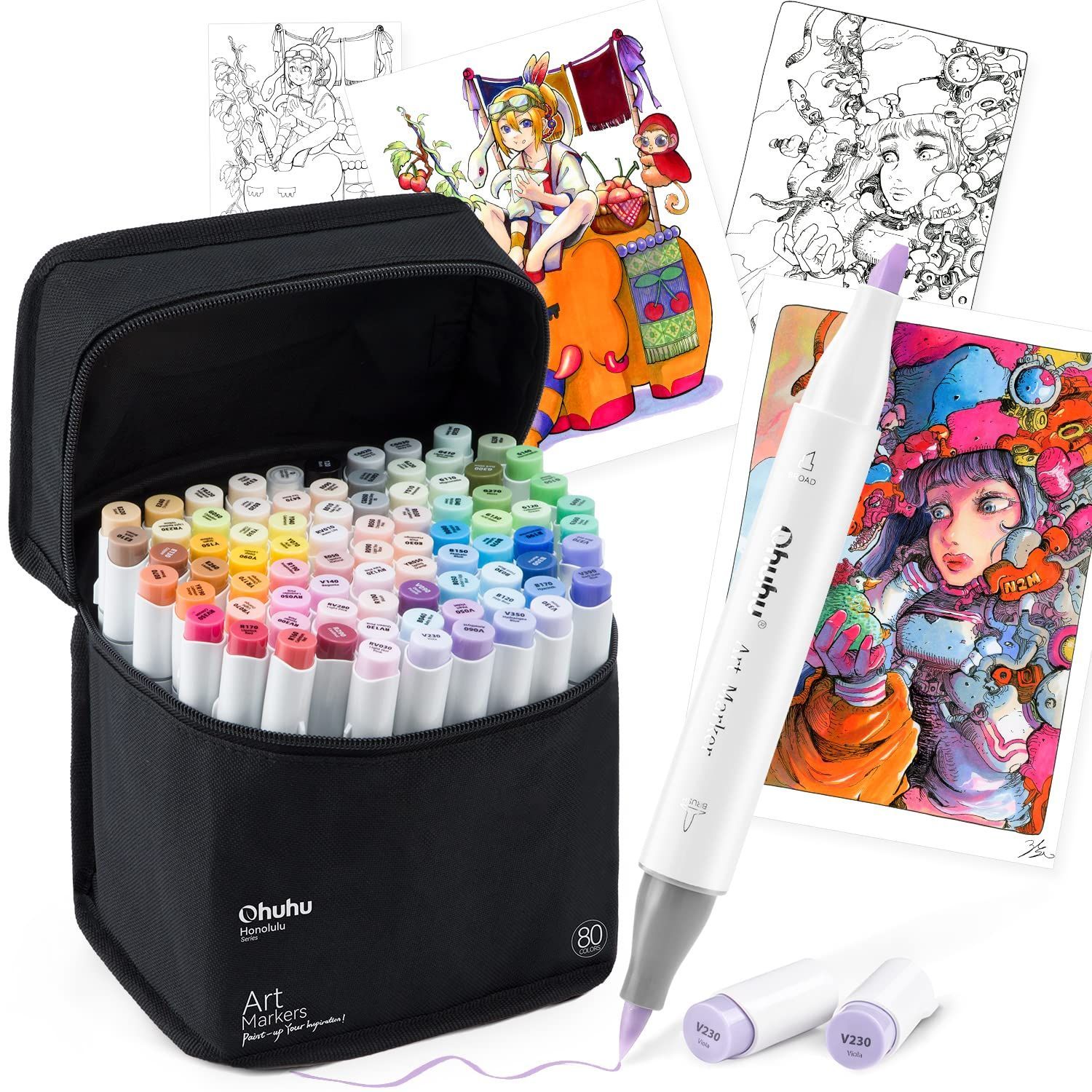 特売 Ohuhu イラストマーカー 筆タイプ 80色81本 プロ愛用 パステル 筆 太字 日本の伝統色 薄色マーカーペン アルコール系 ブレンダーペン付き Honolulu シリーズ