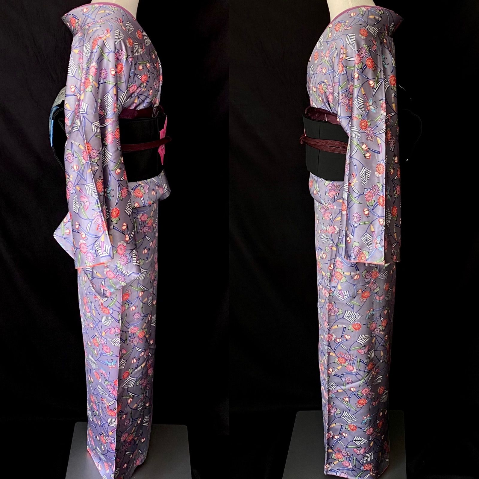 〈花に蝶の小紋〉SALE  L 紫味のグレー　洋服感覚の着物　普段着着物 ⁡後ろ幅30センチ