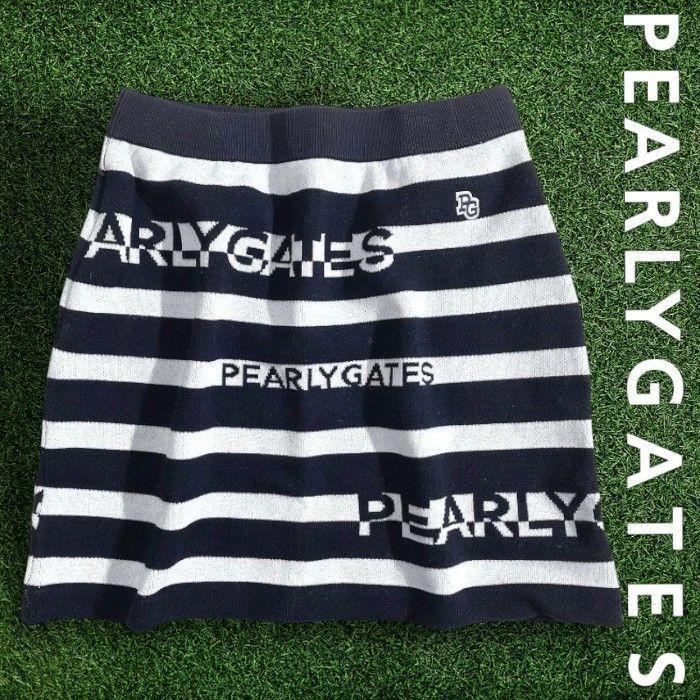 PEARLY GATES パーリーゲイツ ゴルフ ウール混 12G ロゴボーダー柄 ストレッチ ミニ ニットスカート スカート ゴルフウェア レディース 055-2234124 定価3.5万 ネイビーブラック ホワイト ▲039 51022w10