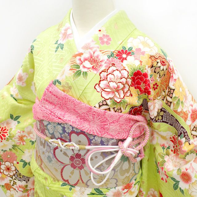 中古】 振袖 袷 着物 長襦袢 セット 金彩加工 正絹 ライトグリーン 黄