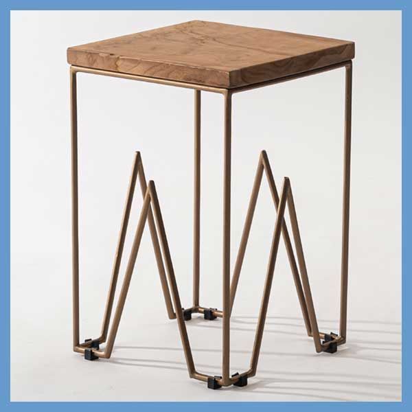 天然木（チーク） とアンティークゴールドスチールのデザインスツール（四角形）No.016（W30×D30×H45cm）