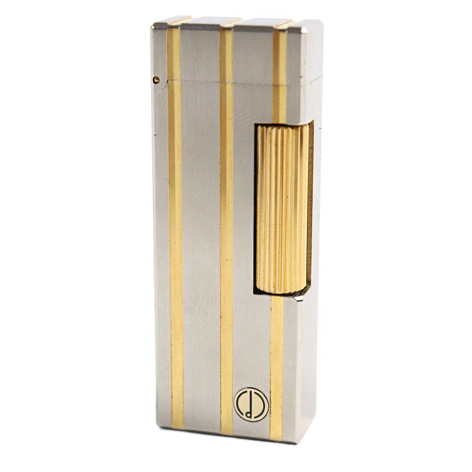 ○Dunhill ダンヒル ストライプ柄 スクエアフォルム ローラー式 喫煙グッズ ガスライター シルバー ゴールド スイス製 着火 済み