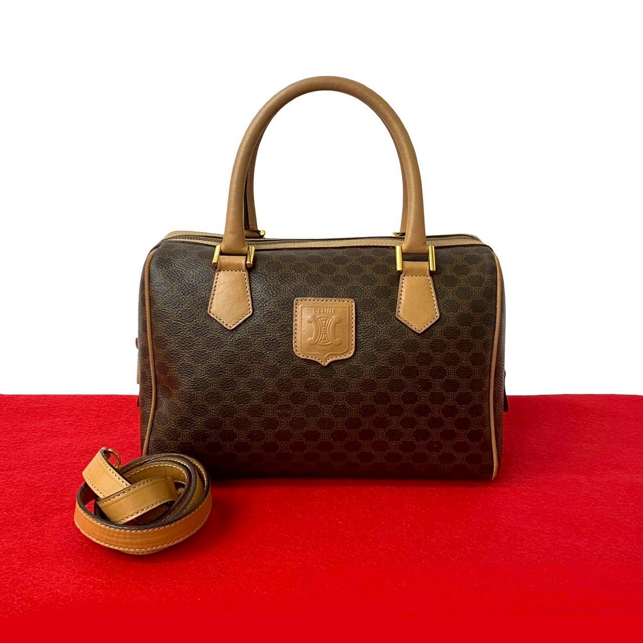 極美品 セリーヌ マカダム ブラゾン 柄 レザー ミニ ボストンバッグ ブラウン CELINE 極 美品 セリーヌ マカダム ブラゾン 柄 レザー 本革