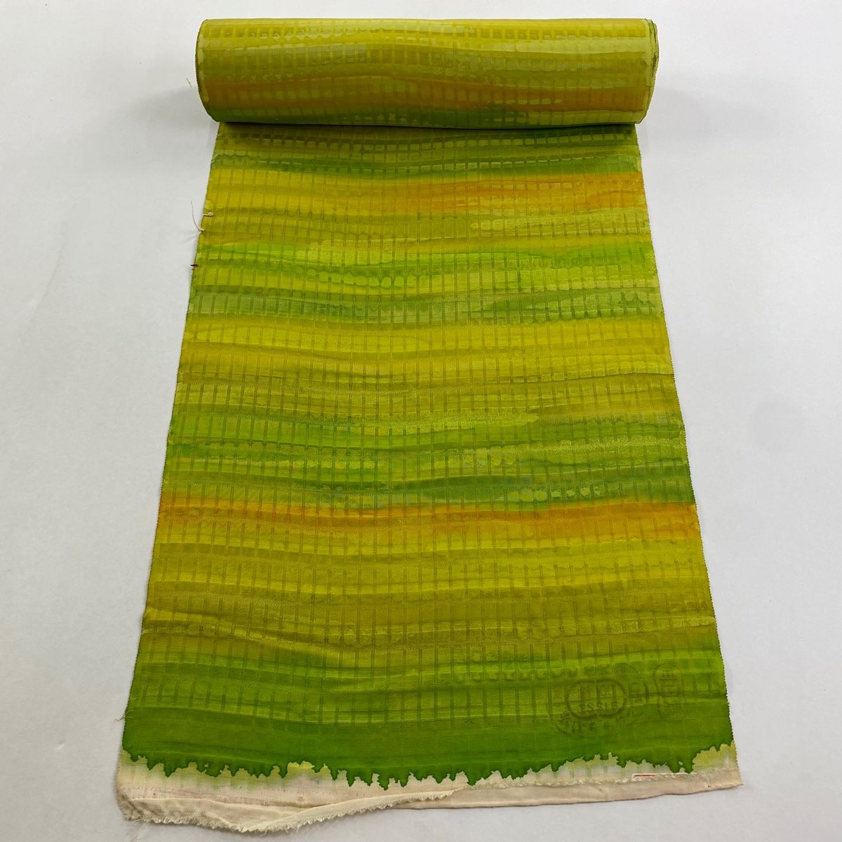 反物 秀品 小紋 縞 幾何学 黄緑色 正絹