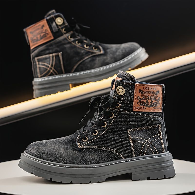 ブーツ メンズ ヴィンテージ キャンバス ハイカット キャンバスブーツ ヴィンテージスタイル 厚底 ワークブーツ カジュアル 無地 デニム ショートブーツ ラウンドトゥ PVCソール 布製 インソール オールシーズン レースアップシューズ ブラック