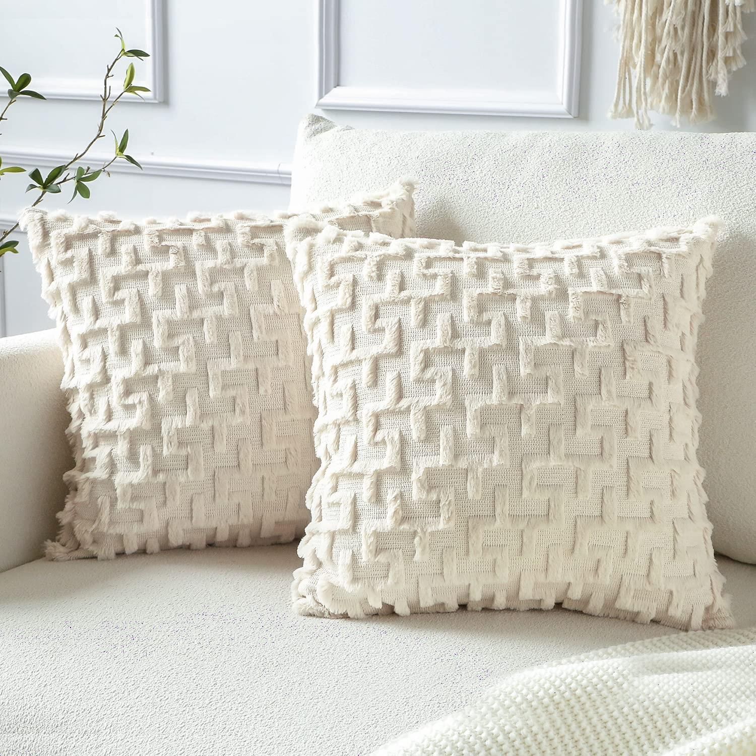 OTOSTAR クッションカバー 60x60cm 北欧 2枚セット ショートウール ベルベット おしゃれ 可愛い 柔らかい 柄 迷路型 モダン ファスナー インテリア ソファー用クッションカバー クッションケース くっしょんかばー 装飾枕カバー(ベージュ 6