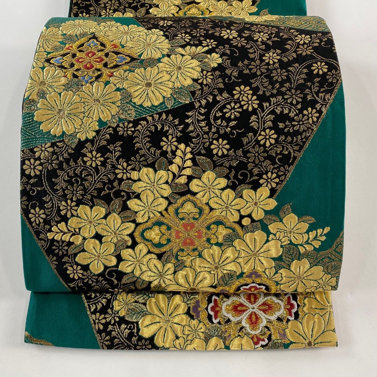 袋帯 秀品 華文 花唐草 箔 緑 六通 正絹