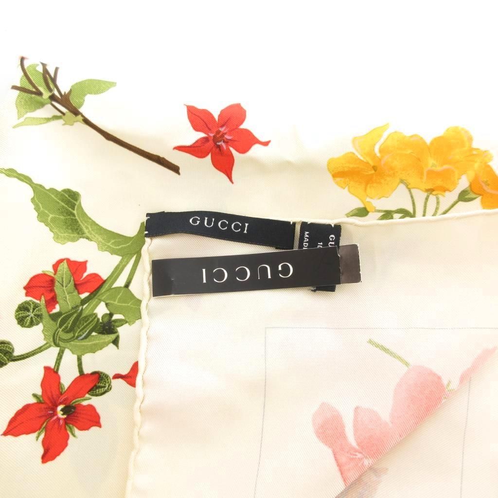 グッチ GUCCI スカーフ 絹 シルク 花柄 クリームカラー /UO □GY18  