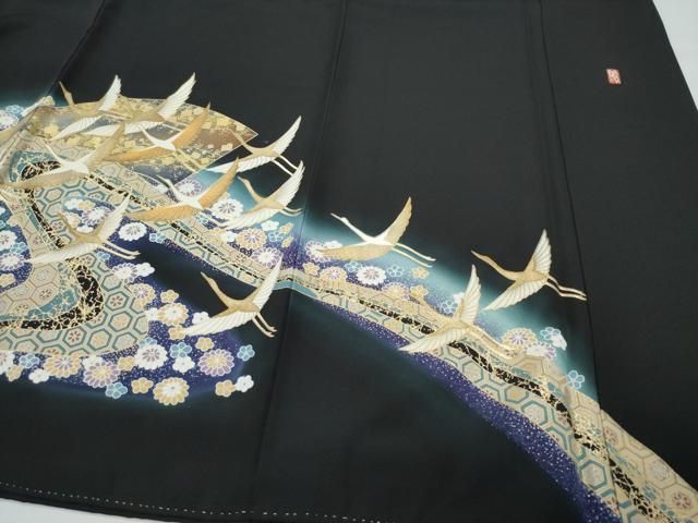 平和屋着物○豪華黒留袖 作家物 飛鶴地紙花文 金彩