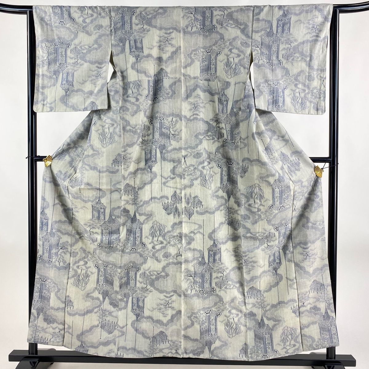 Y4665 紬 着物　正絹 身丈167 単衣 紬 正絹 単衣 亀甲幾何模様 身丈162.5cm 裄丈65.5cm 紬