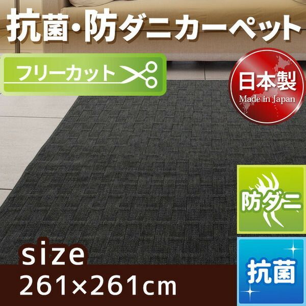フリーカット 抗菌 防ダニカーペット 絨毯 / 江戸間 4.5畳 261×261cm / ブラック 平織り 日本製 『ラスク』 九装