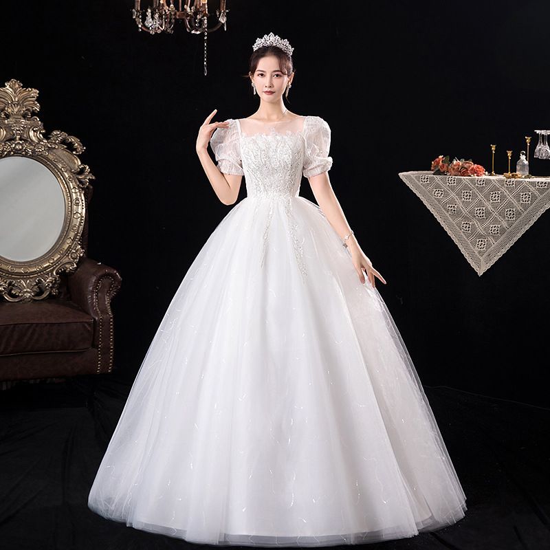 送料無料 フランス風ウェディングドレス 夏用ショートスリーブ白色新婦宮廷風夢幻的スリムに見せる膝丈ウェディングドレス