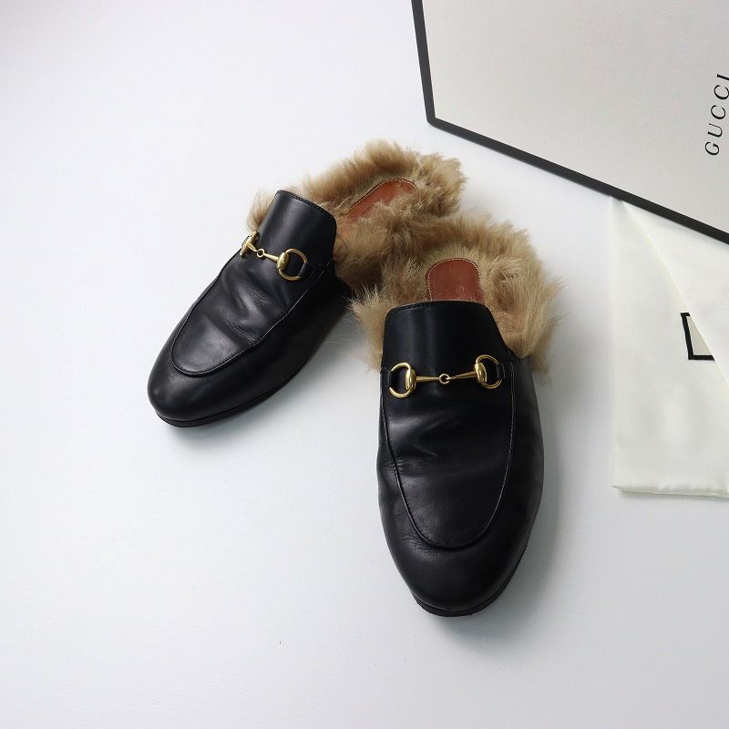 ウィメンズ グッチ GUCCI プリンスタウン ファーレザースリッパ ブラック 38 約25cm |つっかけ ビットモチーフサンダル 2400014387735
