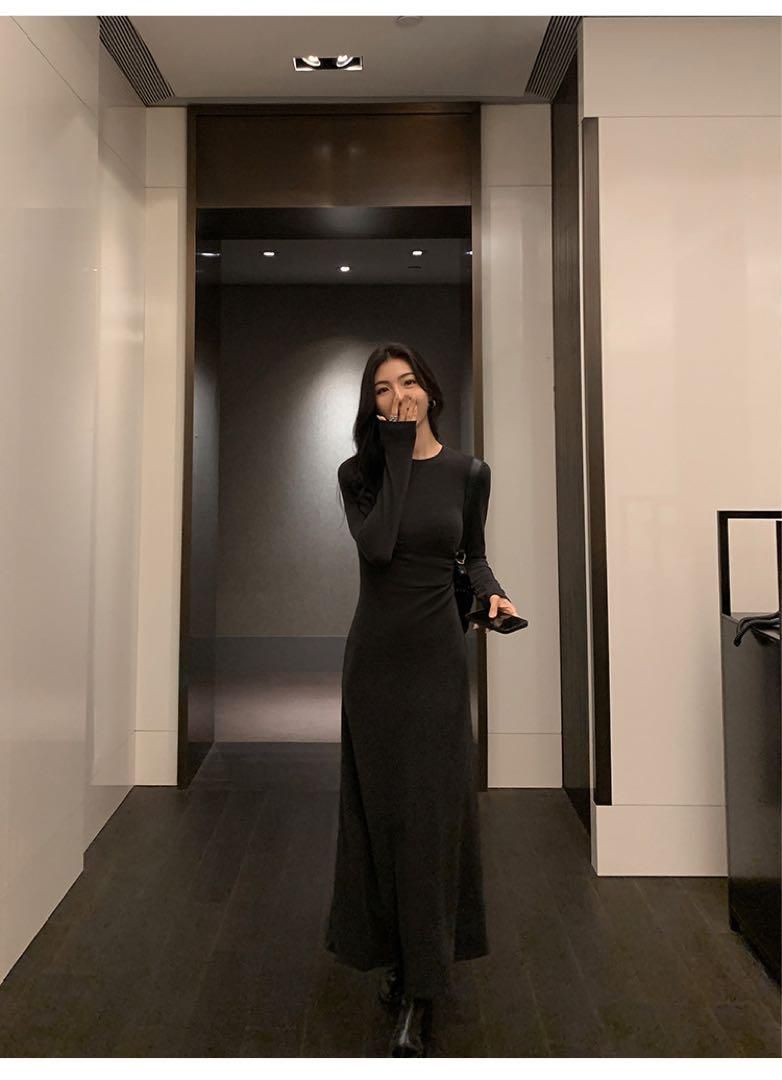 上品 春の高見えニットロングワンピース