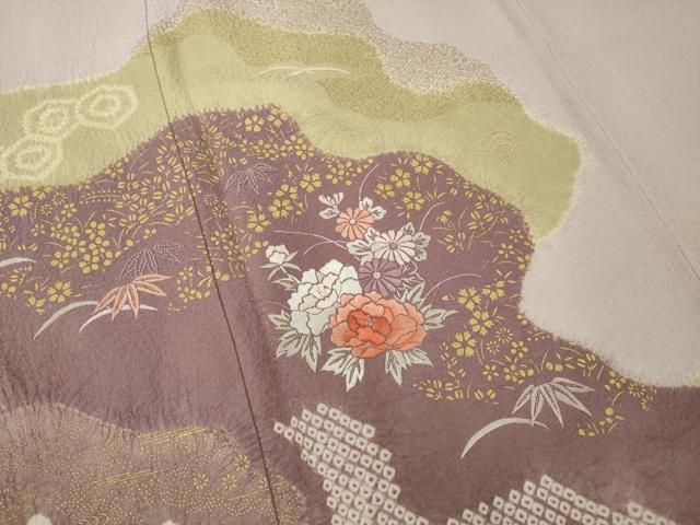 平和屋着物○訪問着 駒刺繍 絞り 草花文 金彩 正絹 逸品 AABC3647ph