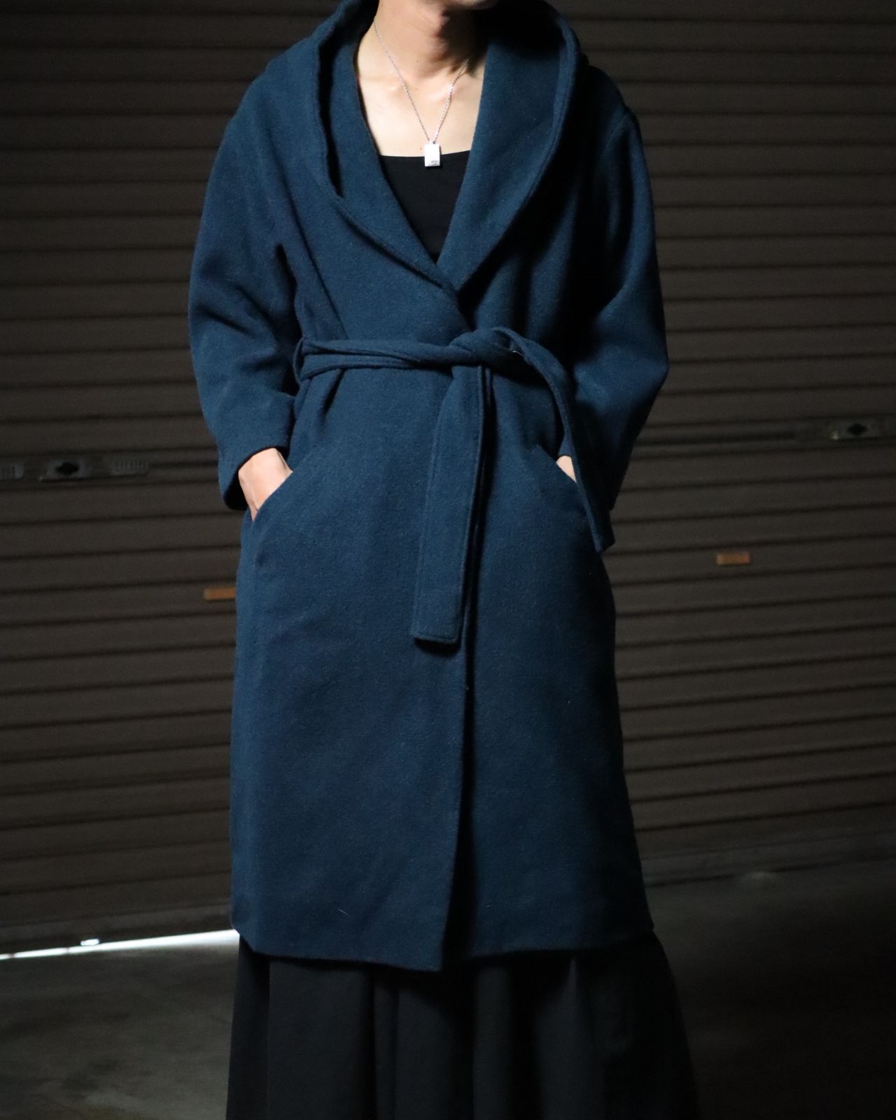 -1990s hooded / collarless 2way gown coat 90年代 2WAY フーデッド ノーカラー ガウン コート ウエストベルト付 青緑 寒色系