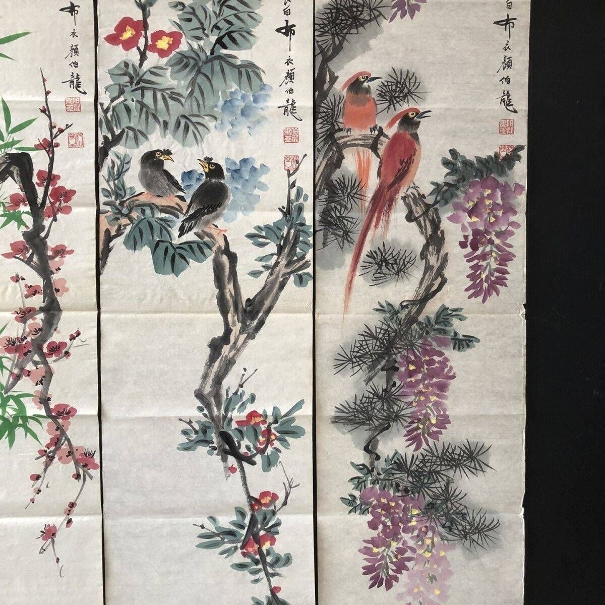 中国古美術・純手描き四連えび画・顏伯龍花鳥図画・水墨画・動物図・書道・肉筆・宣紙・茶道・賞物 - メルカリ