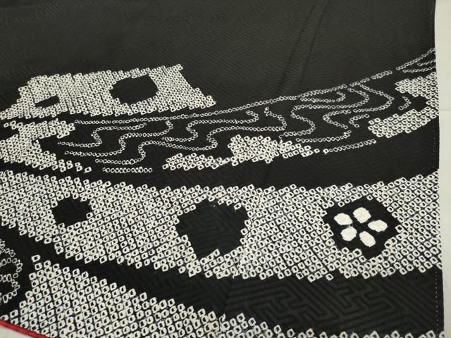 平和屋着物○豪華振袖 駒刺繍 絞り 熨斗花文 黒地 金彩 正絹 逸品