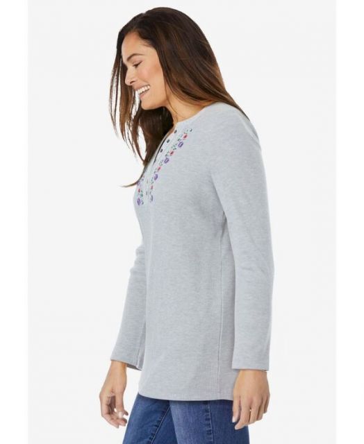 送料無料 ウーマン ウィズイン レディース シャツ トップス Plus Size Within Embroidered Thermal Henley Tee Heather grey vine embroidery