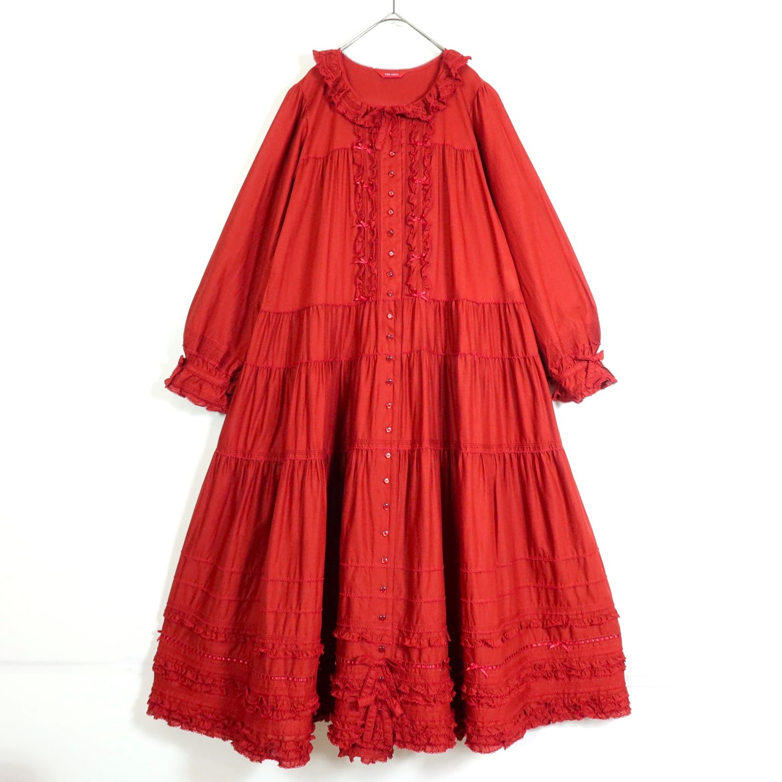 ピンクハウス☆フリル襟のローンワンピース 赤系 前開き はしごレース  