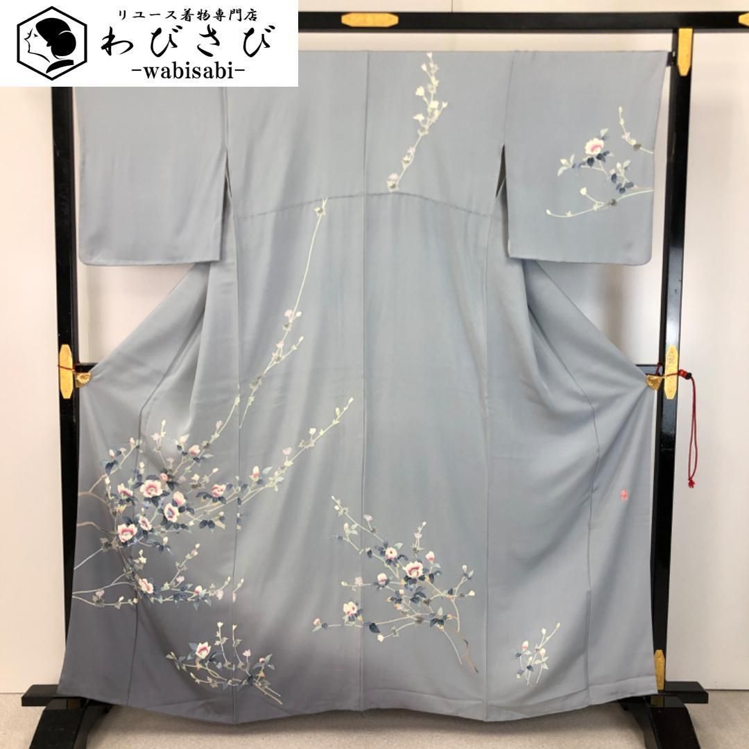 訪問着 本加賀友禅 和泉衛知 花模様 暈し 空鼠色 証紙付 縮緬 K-5450