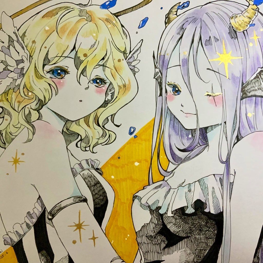 甘党小悪魔ちゃん 手描きイラスト オリジナル 中色紙 オリジナルイラスト 天使と悪魔ちゃん 色紙大 手描き 原画 女の子