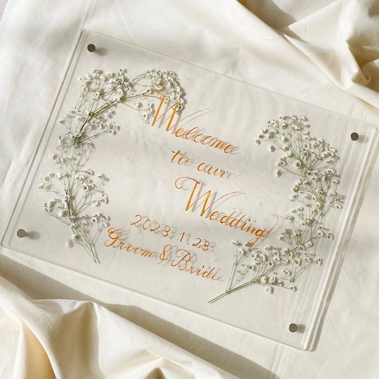 ましページ 手書き】アクリル ウェルカムボード 押し花 ゴールド (No014)