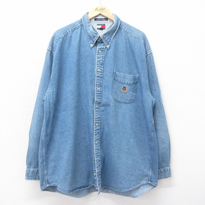 XL/古着 トミーヒルフィガー 長袖 ブランド シャツ メンズ 90s ワンポイントロゴ 大きいサイズ ロング丈 コットン ボタンダウン 紺 ネイビ
