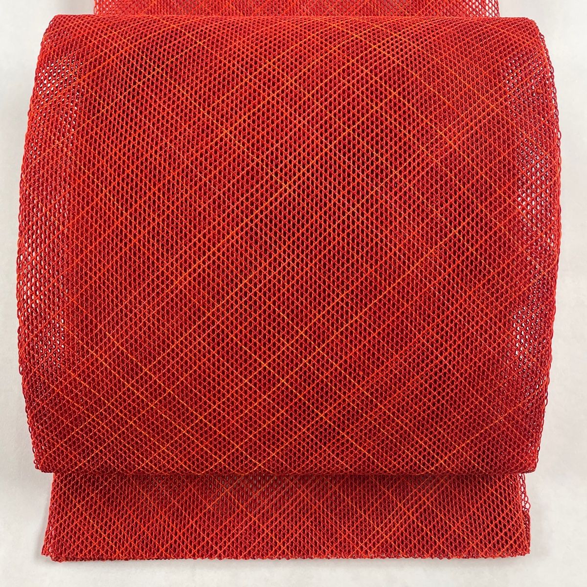 名古屋帯 秀品 夏帯 八寸名古屋帯 トンネル仕立て 斜め格子 朱色 正絹