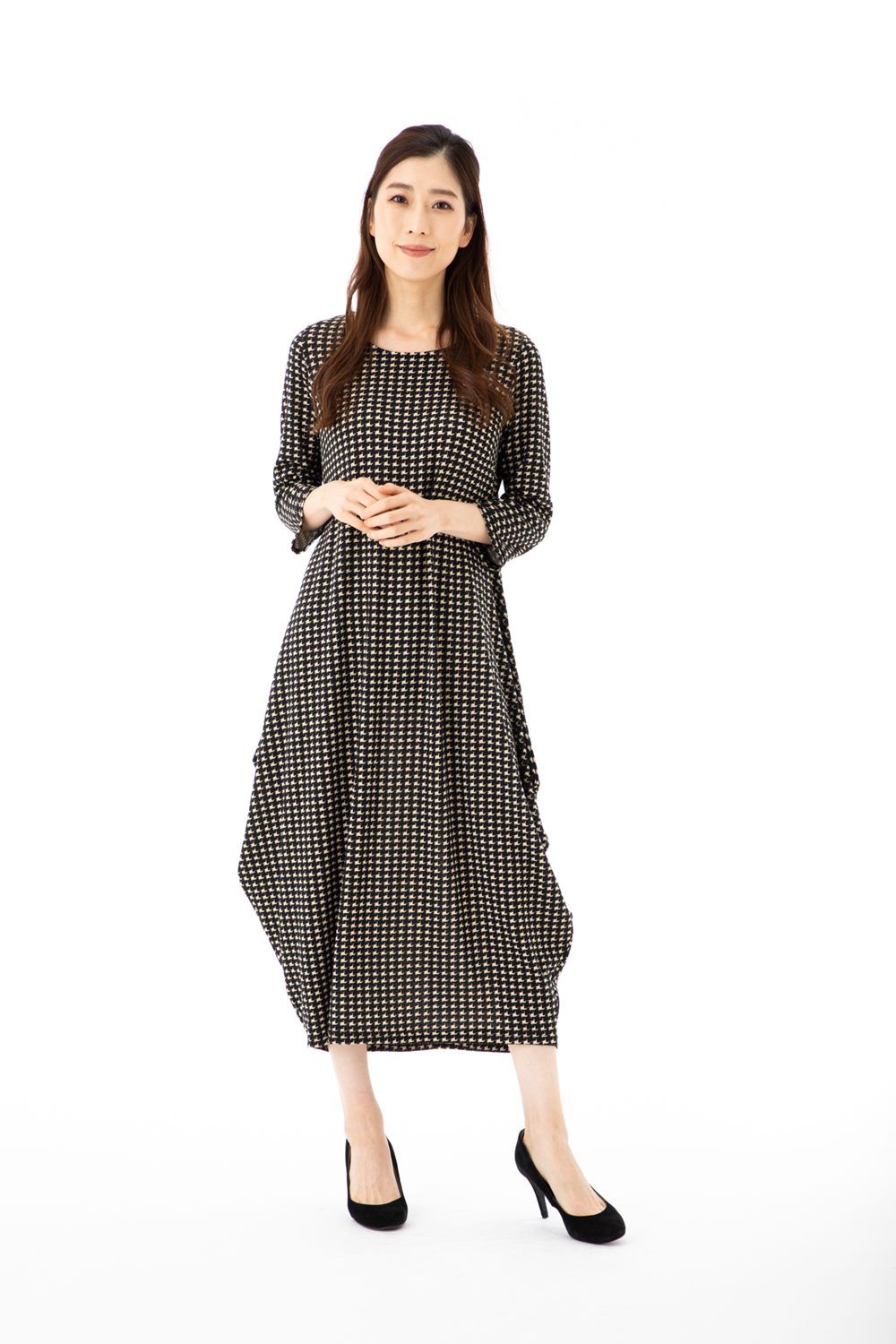 フィフィーユ FIFILLES ワンピース TUサイズ 七分袖 ミドル丈ワンピース Uネック 千鳥柄 大人上品 レディース きれいめ