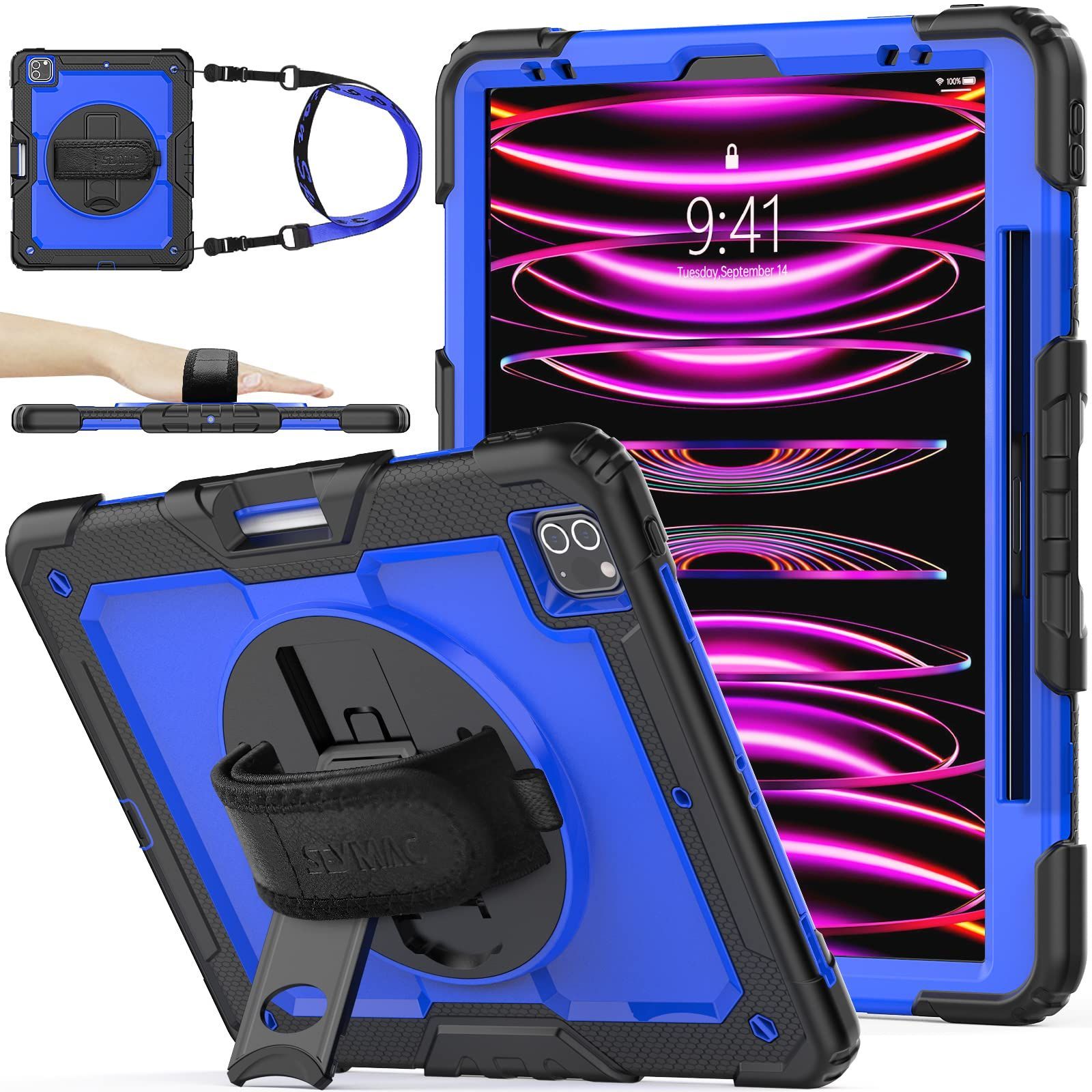 【新着商品】Pro 第6世代 2022 12.9インチiPad ケース 耐衝撃 保護フィルム付き ペン収納 stock 360回転スタンド ハンドストラップ ショルダーストラップ 全面保護カバー SEYMAC iPad Pro 12.9第6世代/第5