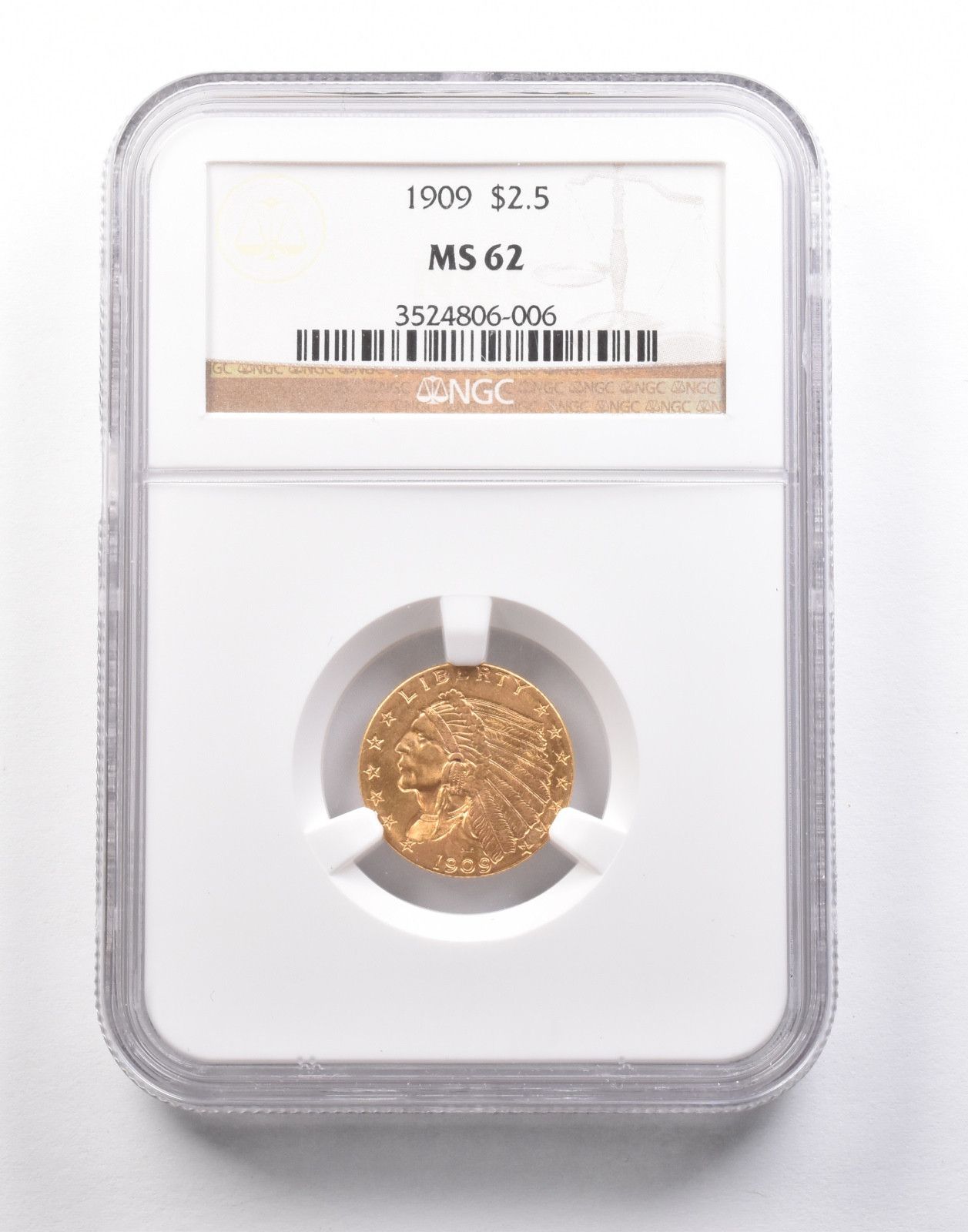 1909年 2.50ドル インディアンヘッド ゴールド クォーターイーグル MS62 NGC *5248