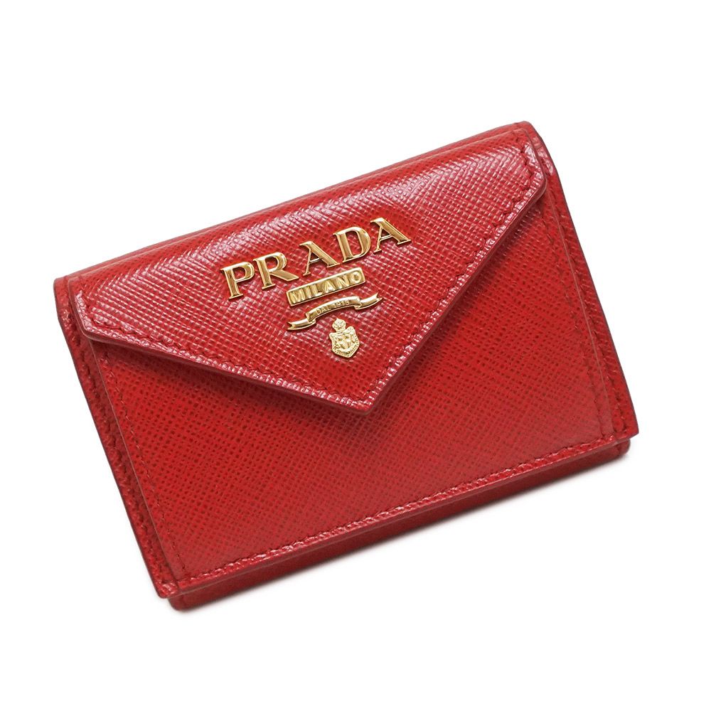 プラダ サフィアーノ メタル コンパクト 三つ折り財布 レザー フォーコ レッド 赤 ゴールド金具 1MH021 箱付 PRADA（新品・未使用品）  | younglifemm.com