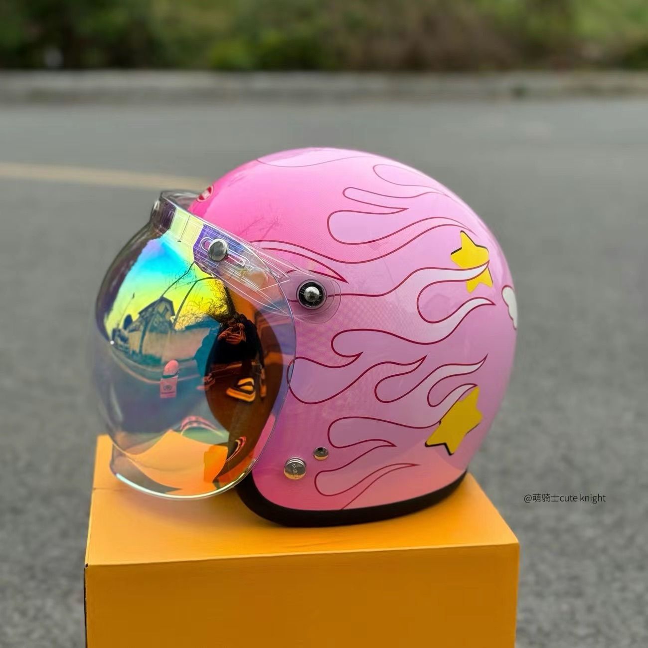 OOHAMA ピンクレトロヘルメット 星柄 炎デザイン付き 3|4 ジェットヘルメット レディース バイク用 3C認証済