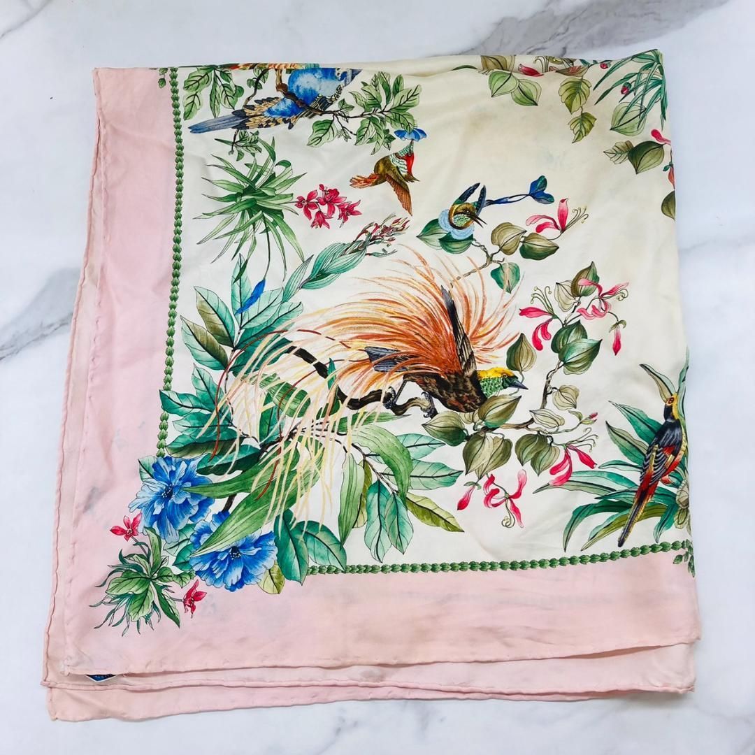GUCCI グッチ オールドグッチ スカーフ 鳥 花 ピンク×ホワイト系