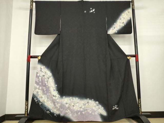 平和屋着物○訪問着 辻が花 流水花文 暈し染め 黒地 金彩 正絹